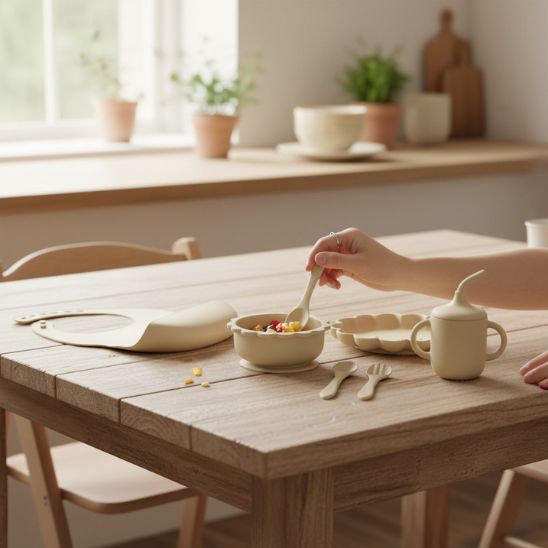 Tasse paille silicone beige pour bebe apprentissage alimentation