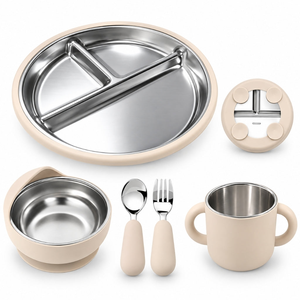 Set repas bébé 5 pièces en inox et silicone beige