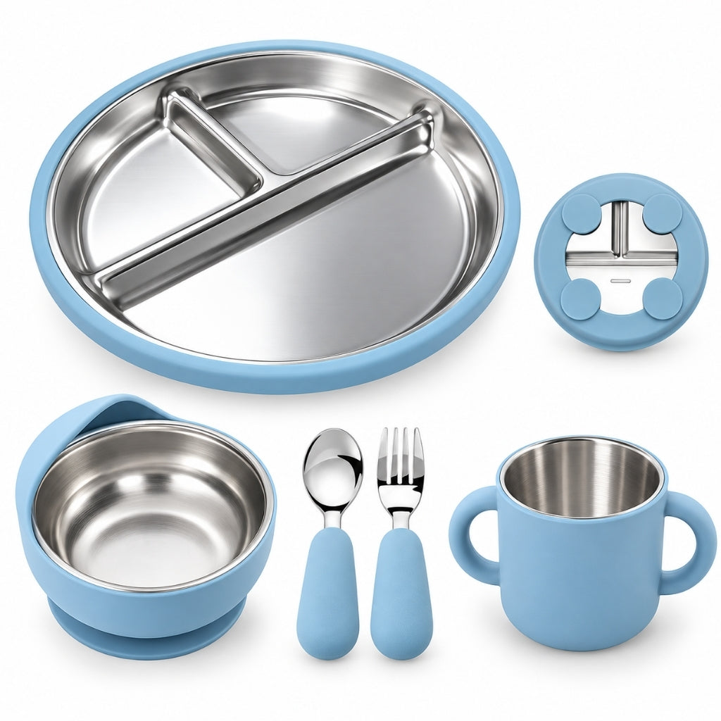 Set repas bébé 5 pièces en inox et silicone bleu clair