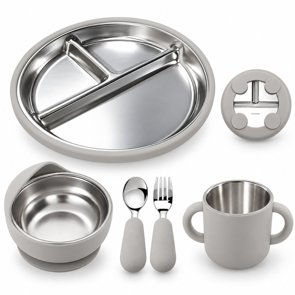 Set repas bébé 5 pièces en inox et silicone gris