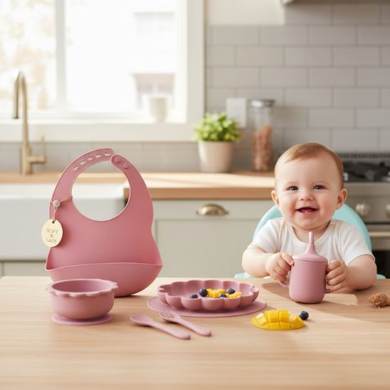 Cuillère et fourchette silicone rose ergonomiques pour set repas bebe