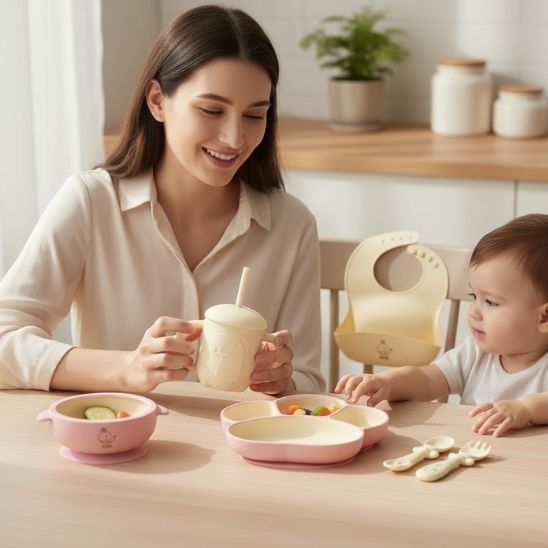 Cuillère et fourchette silicone rose ergonomiques pour set repas bebe Bébé Miam