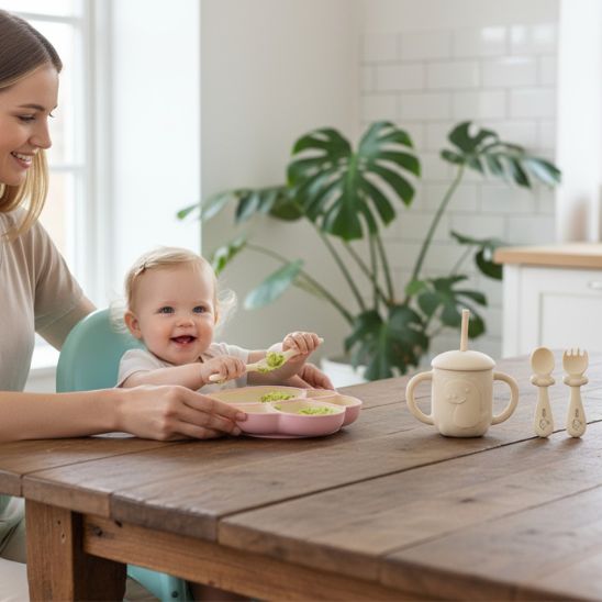 Ensemble vaisselle silicone rose pour bebe complet et securise Bébé Miam