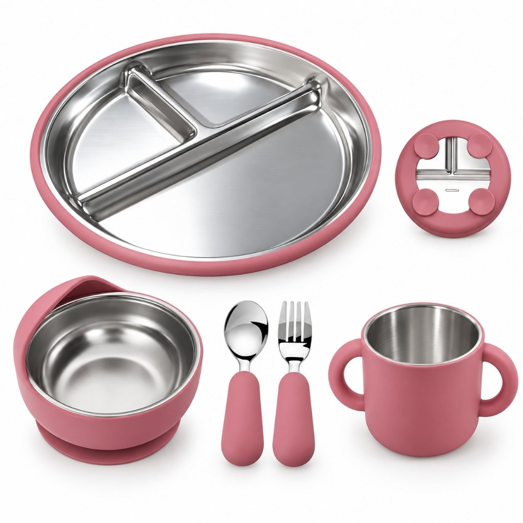Set repas bébé 5 pièces en inox et silicone rose foncé