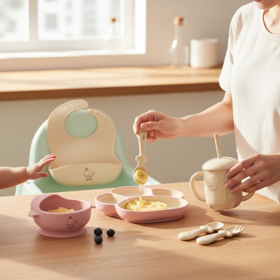 Set repas bebe rose pour premiers repas autonomes et moments de partage