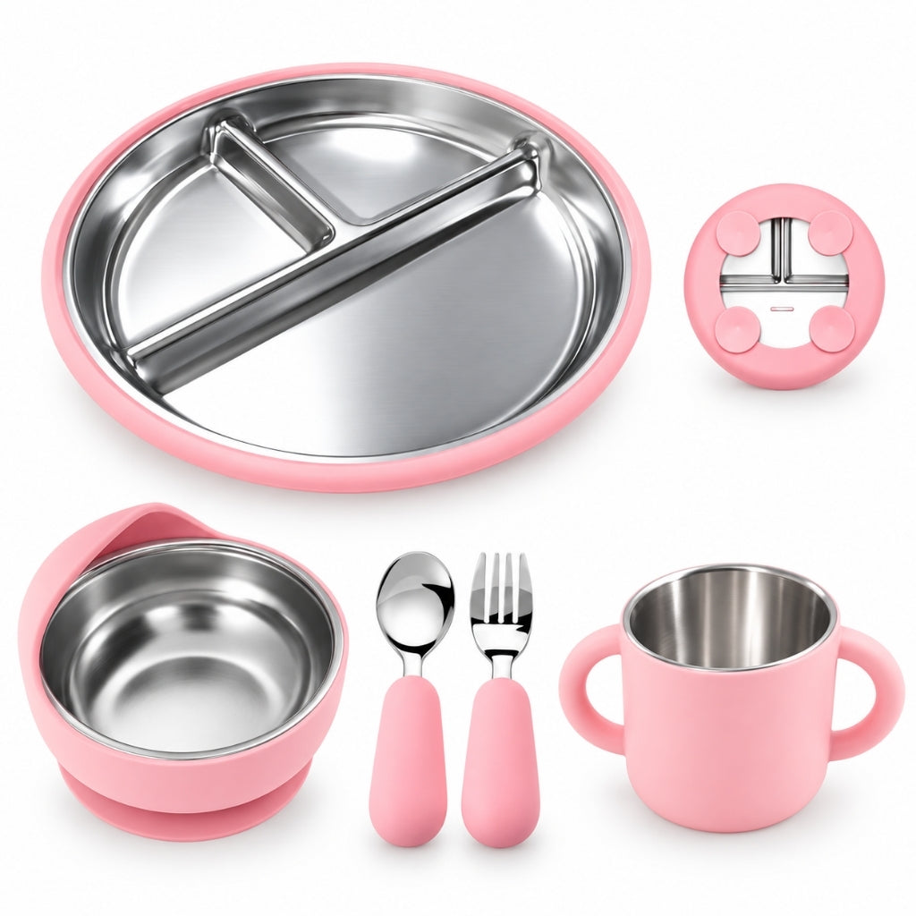 Set repas bébé 5 pièces en inox et silicone rose