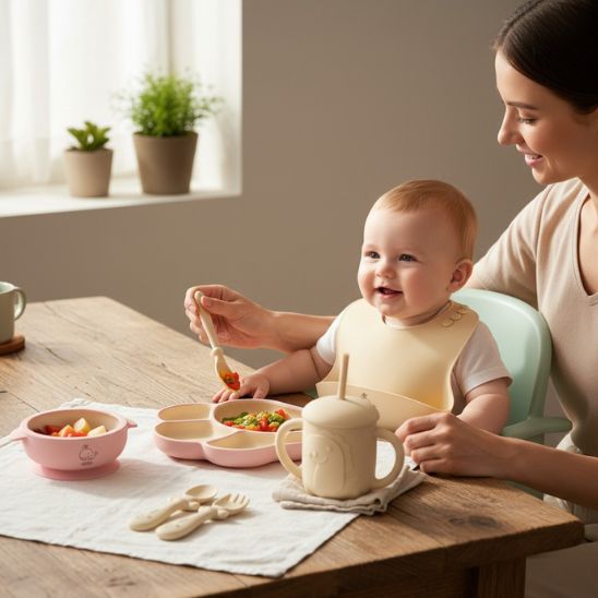 Set repas bebe rose complet en silicone sans BPA avec bavoir et couverts Bébé Miam