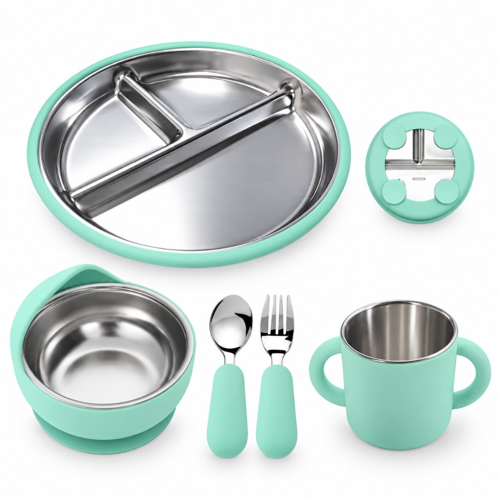 Set repas bébé 5 pièces en inox et silicone vert menthe