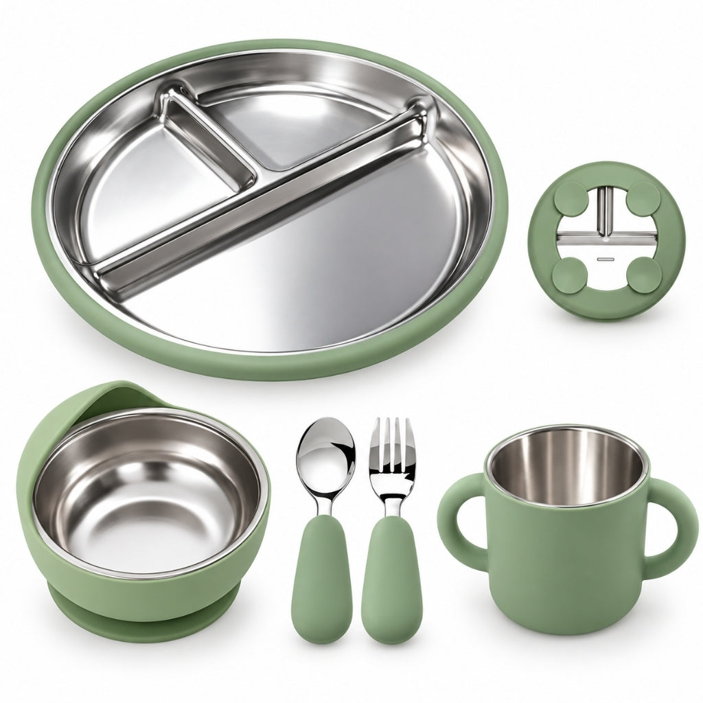 Set repas bébé 5 pièces en inox et silicone vert sauge