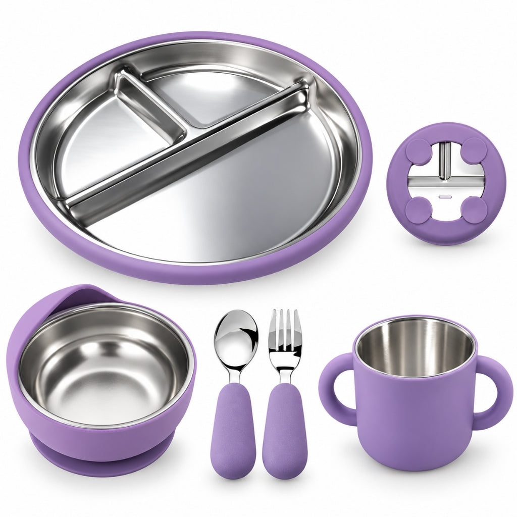 Set repas bébé 5 pièces en inox et silicone violet
