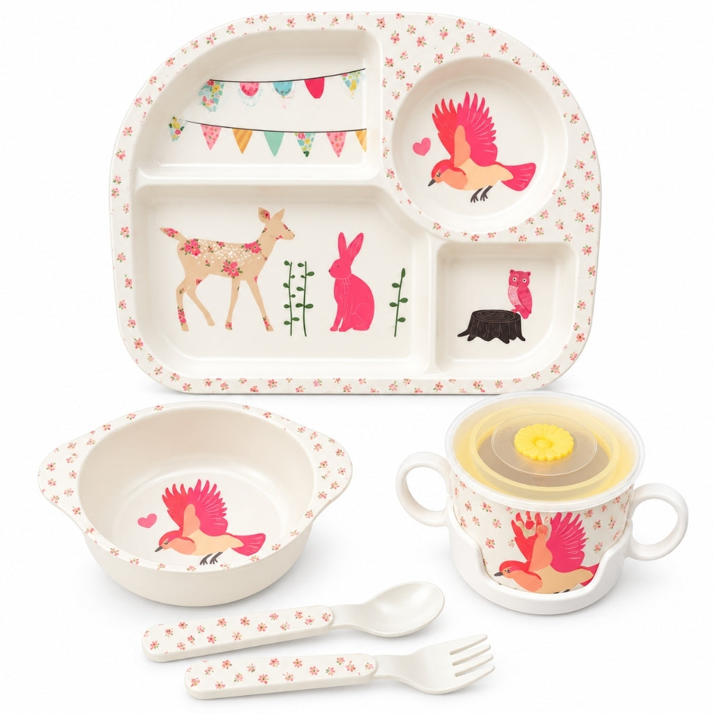 Set repas pour bébé motif animaux de la forêt rose avec assiette, bol, tasse et couverts