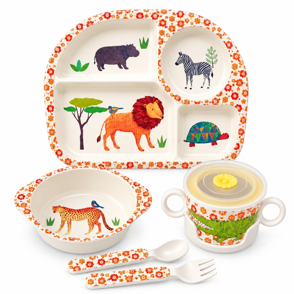 Set repas pour bébé motif animaux de la savane avec assiette compartimentée, bol, tasse et couverts