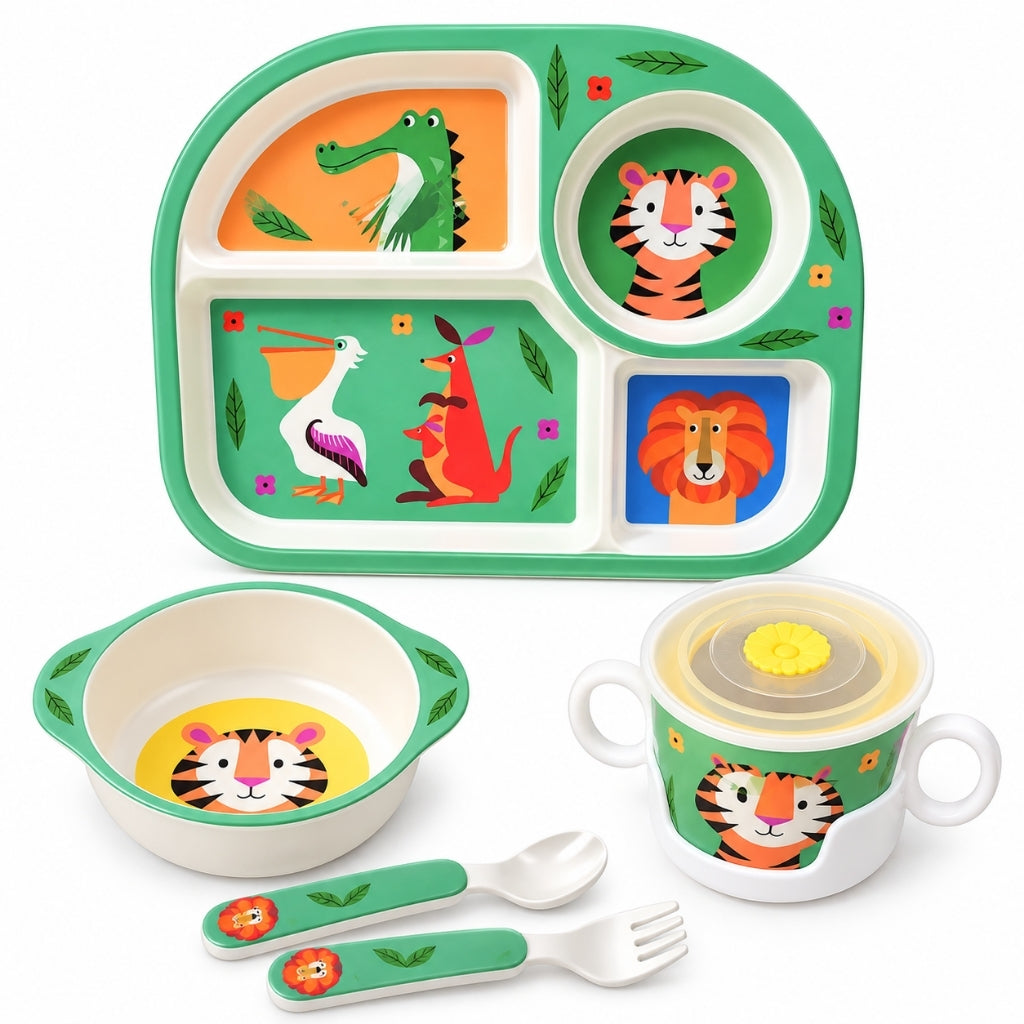 Set repas pour bébé vert motif animaux avec assiette compartimentée, bol, tasse et couverts