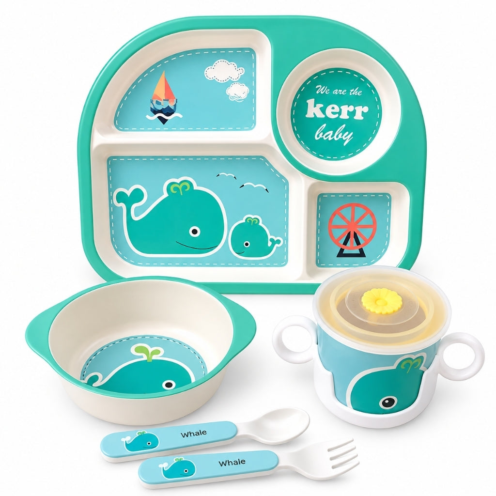 Set repas pour bébé turquoise motif baleine avec assiette, bol, tasse et couverts