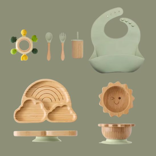 Set repas pour bebe vert bambou et silicone sans BPA durable et naturel