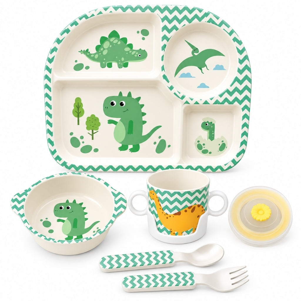 Set repas pour bébé vert motif dinosaures avec assiette compartimentée, bol, tasse et couverts