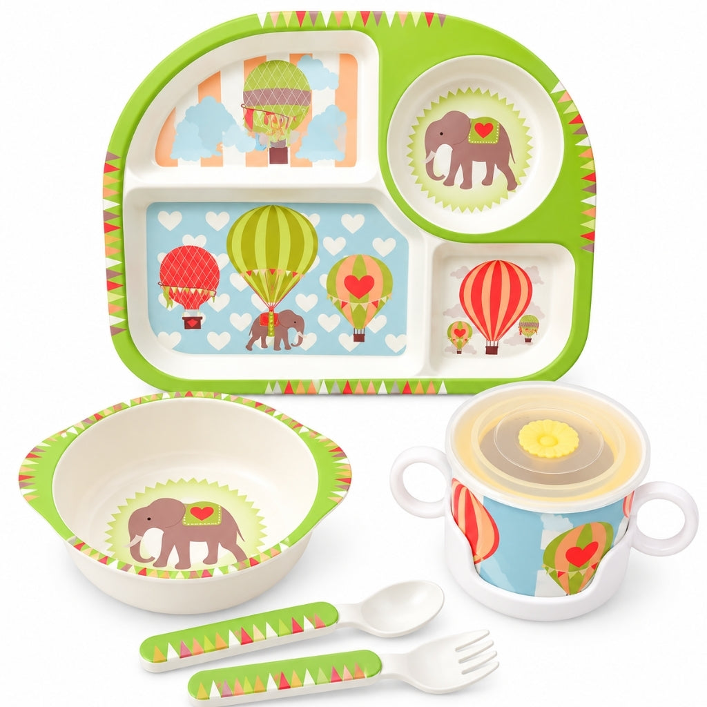 Set repas pour bébé vert motif montgolfières et éléphant avec vaisselle et couverts