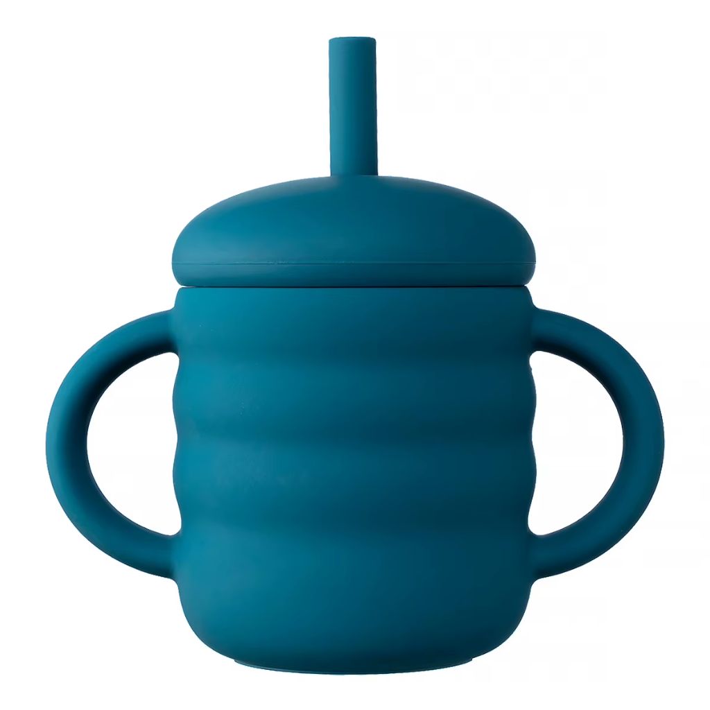 Tasse d'apprentissage bébé bleu pétrole en silicone avec paille