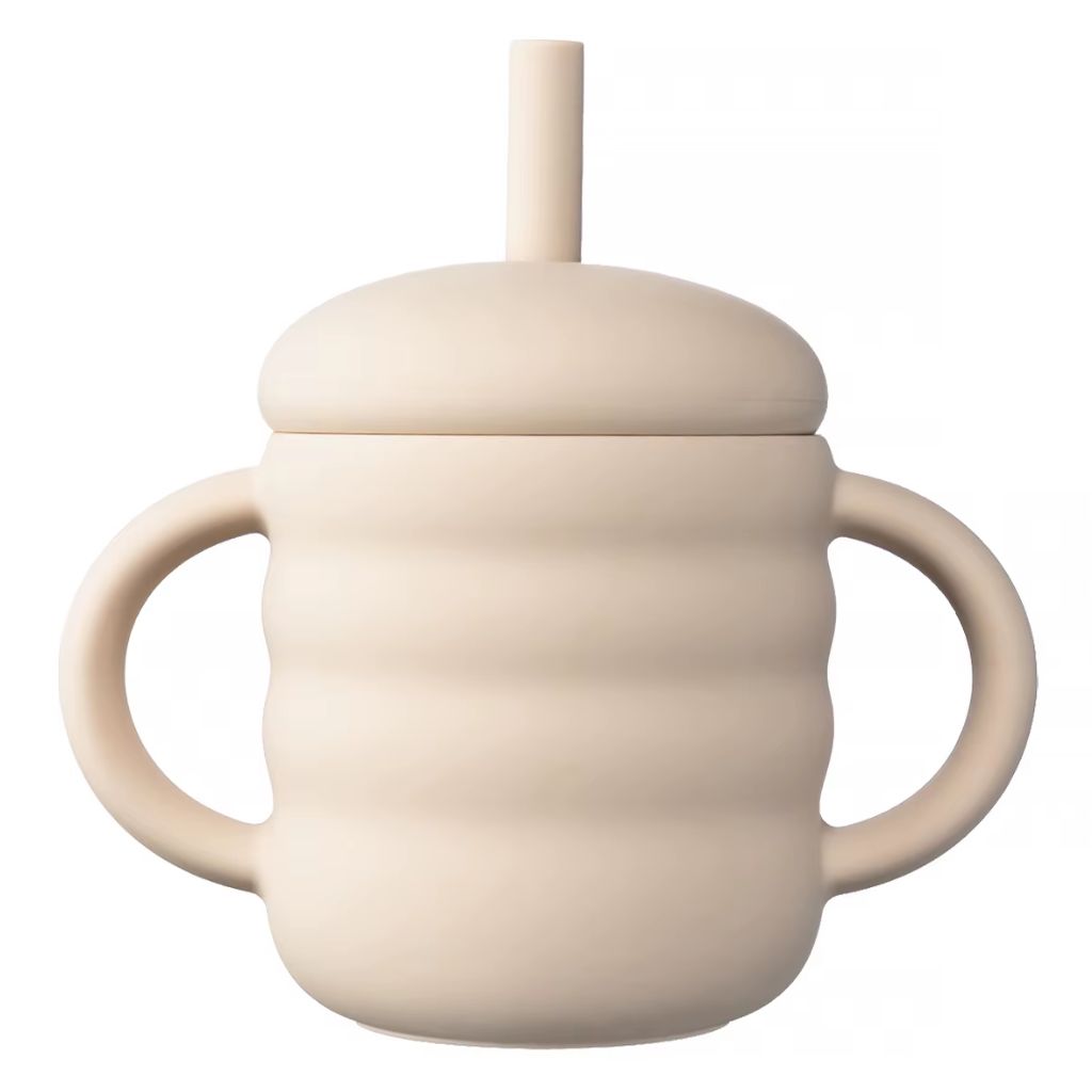 Tasse d'apprentissage bébé écrue en silicone avec paille