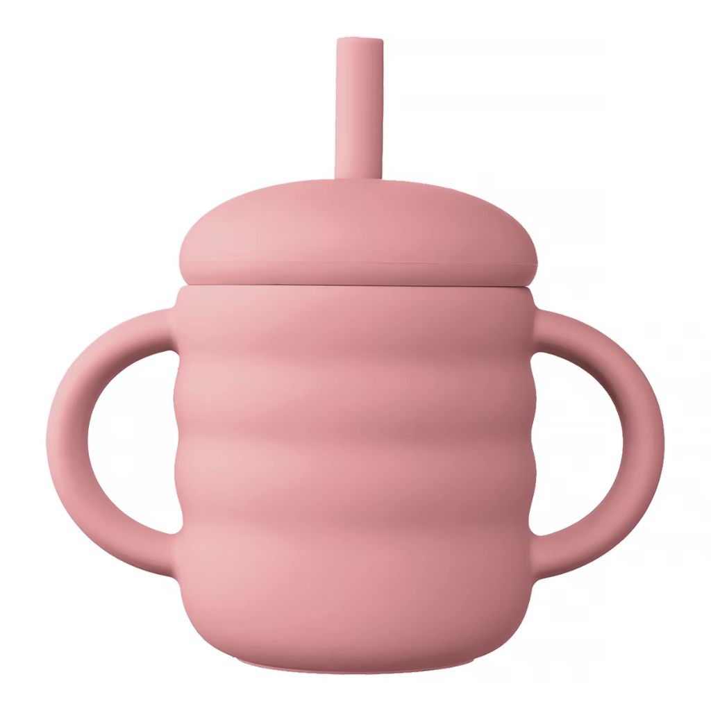 Tasse d'apprentissage bébé rose avec paille et deux anses