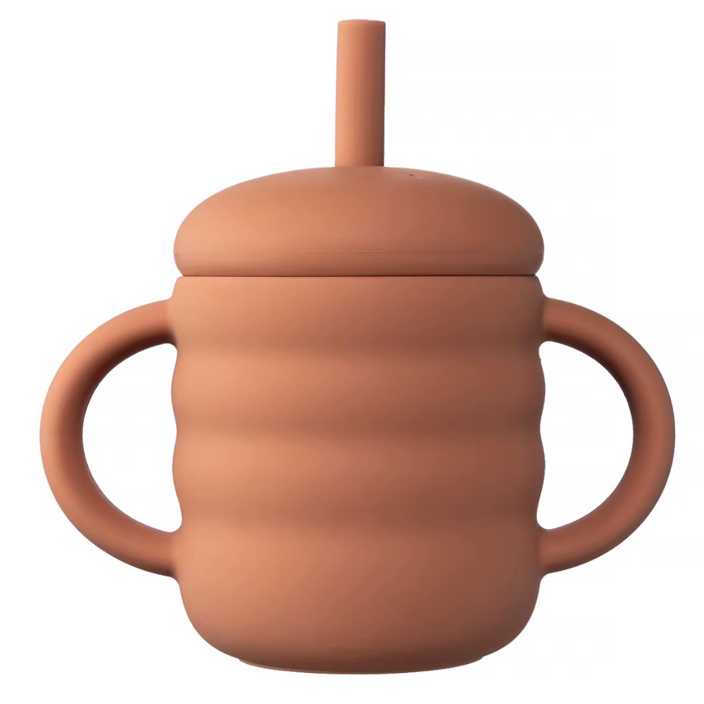 Tasse d'apprentissage bébé terracotta avec paille et deux anses