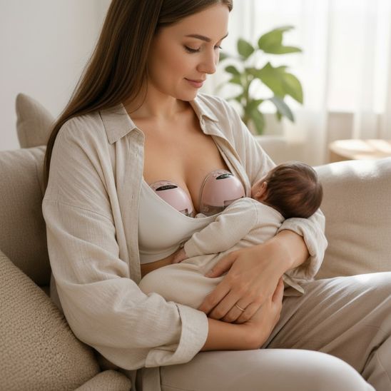 Maman tenant son bebe avec tire lait electrique base chauffante mains libres