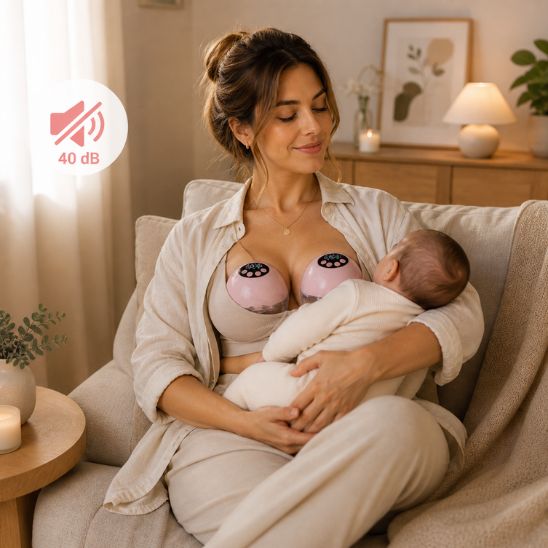 Maman avec tire lait electrique base chauffante UV double rose tenant son bebe silencieux