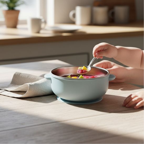 Vaisselle bebe inox bleu antiderapante et elegante