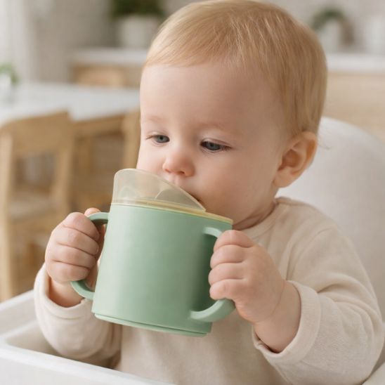 Verre bébé antirenversement ergonomique vert sauge tenu par bébé Bébé-Miam™